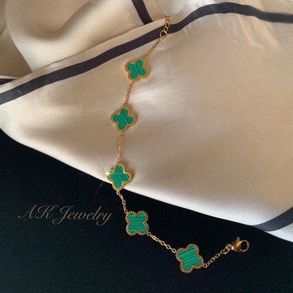 💎18k Green Malachite BRACELET 5 Motifs Clover Flower DESIGNER INSPIRED - Picture 3 of 5